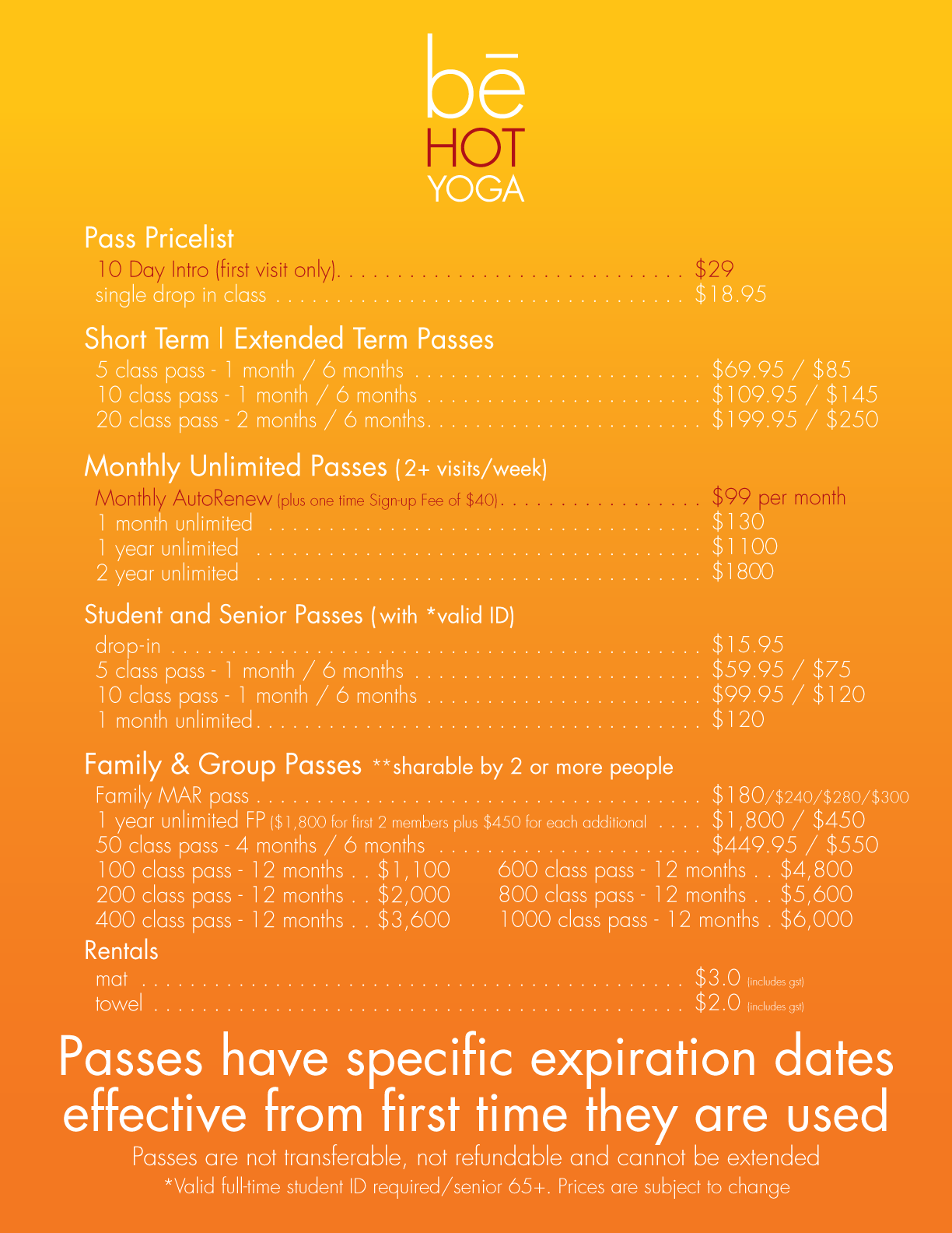 be HOT YOGA - price list